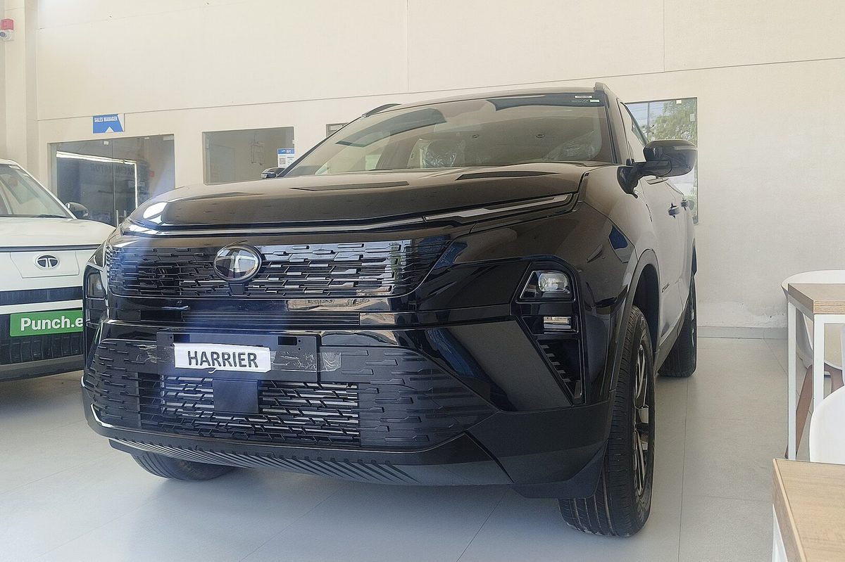 Tata Harrier in black in a showroom, front view